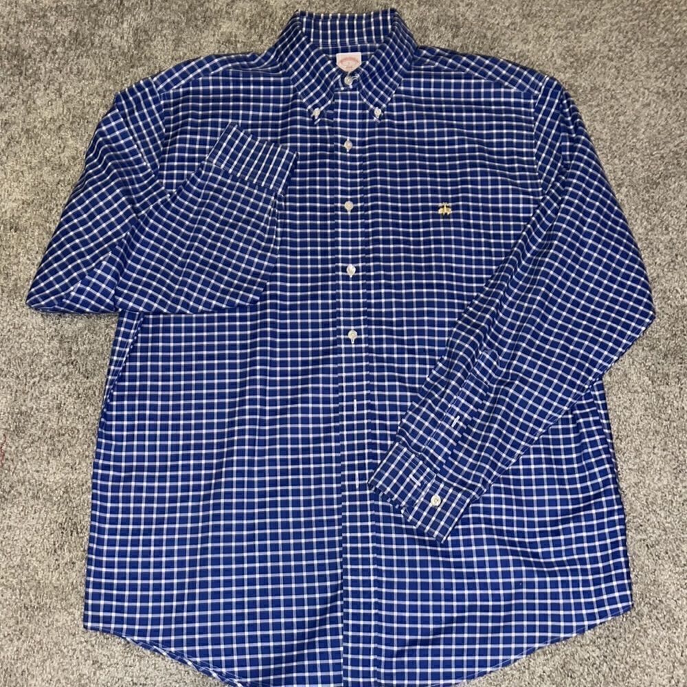 Brooks Brothers Gold Golden Fleece Blue White non iron cotton original polo L